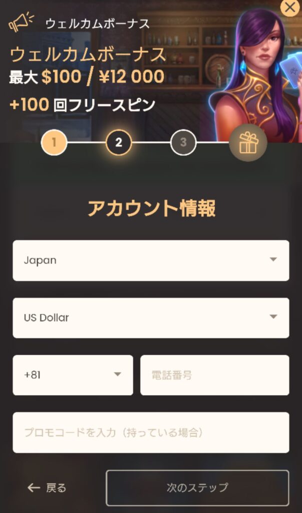 ナショナルカジノ(National Casino) 登録画面 電話番号